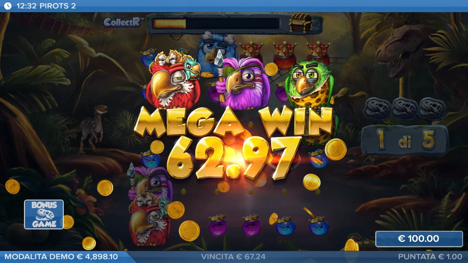 Scritta Mega Win 62,97 durante la prima free drop del bonus di Pirots 2