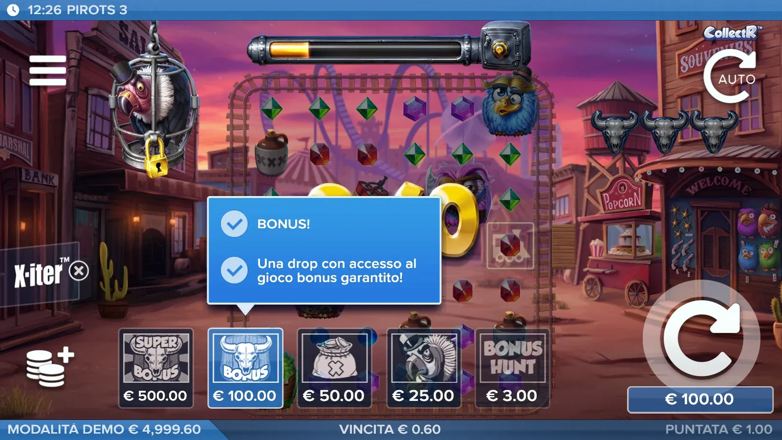 Menu X-iter di Pirots 3: Super Bonus 500 €, Bonus 100 € selezionato, gioco a monete 50 €, evasione del bandito 25 €, Bonus Hunt 3 €