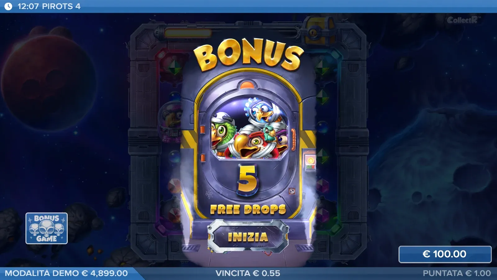 Schermata di avvio del bonus di Pirots 4 con 5 free drops e il pulsante Inizia