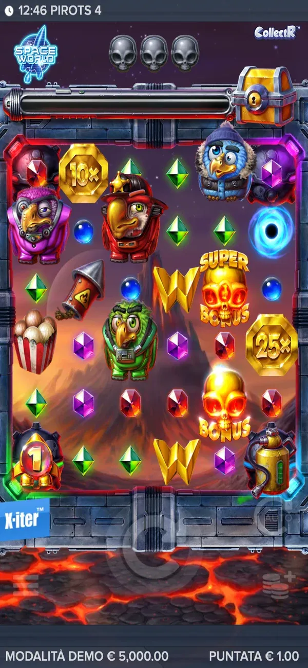 Demo di Pirots 4 Inferno su smartphone in verticale, con saldo demo 5.000 € e puntata 1 €