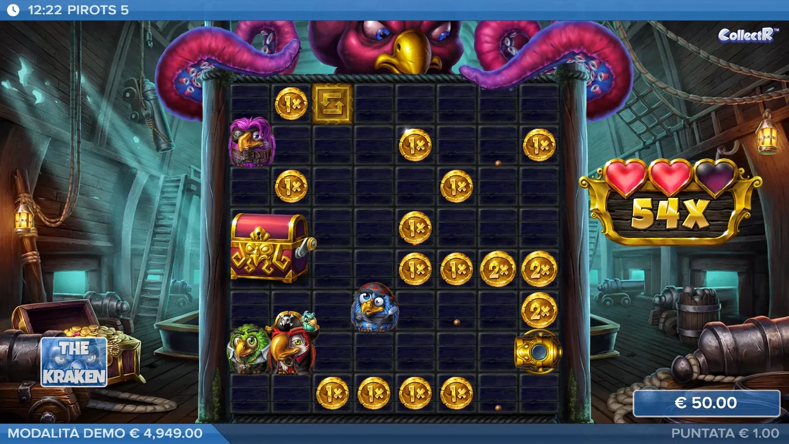 Gioco a monete The Kraken in Pirots 5 con forziere al centro e moltiplicatore 54X a destra