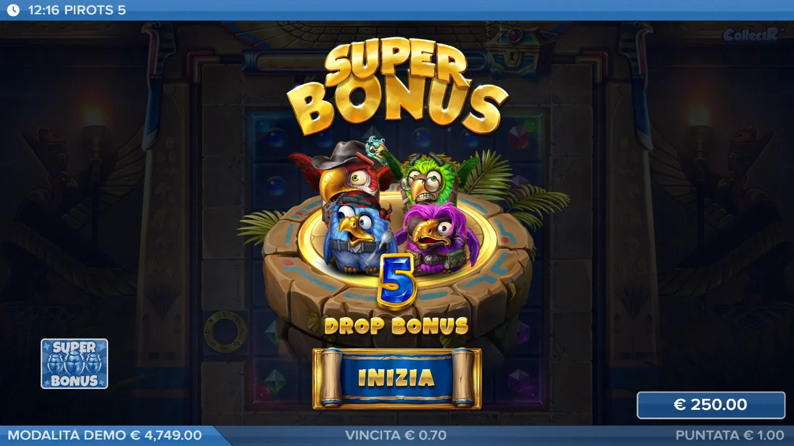 Schermata di avvio del Super Bonus di Pirots 5 con 5 drop bonus e il pulsante Inizia