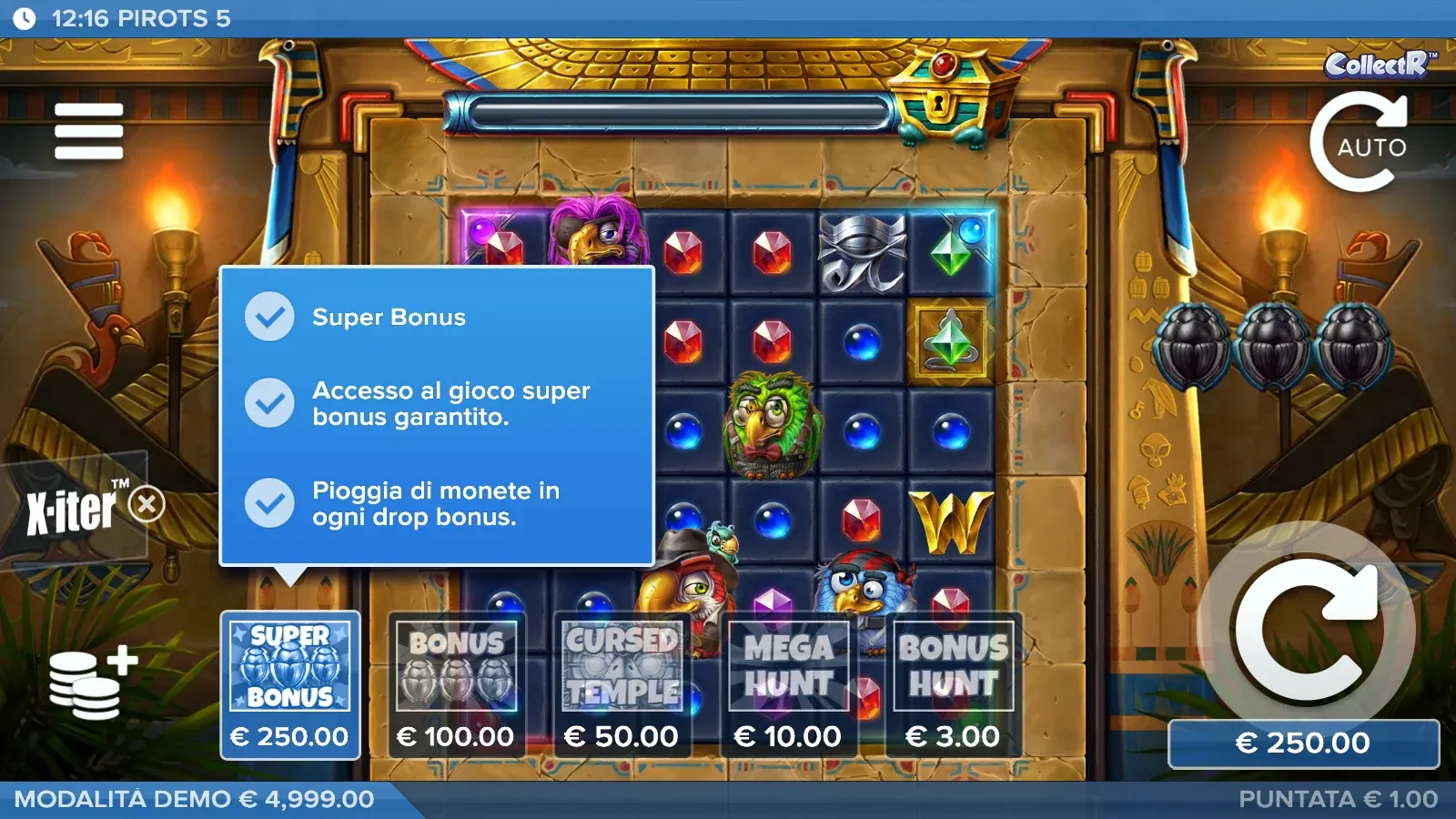 Menu X-iter di Pirots 5 con Super Bonus a 250 €, Bonus 100 €, Cursed Temple 50 €, Mega Hunt 10 € e Bonus Hunt 3 €