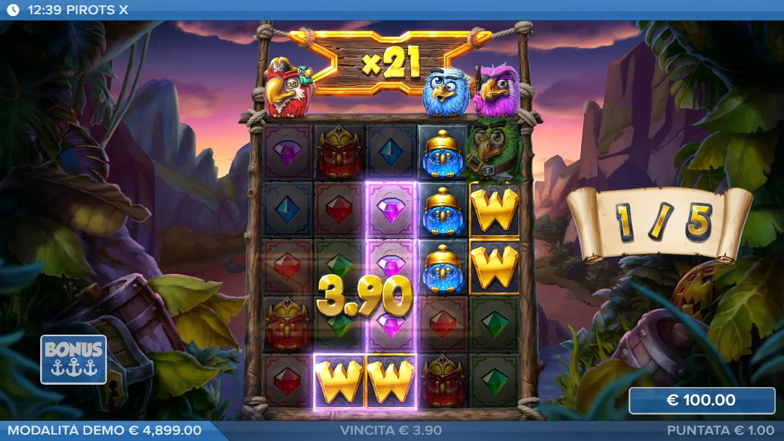 Pirots X durante il bonus con il moltiplicatore globale a x21 e un gruppo vincente di wild