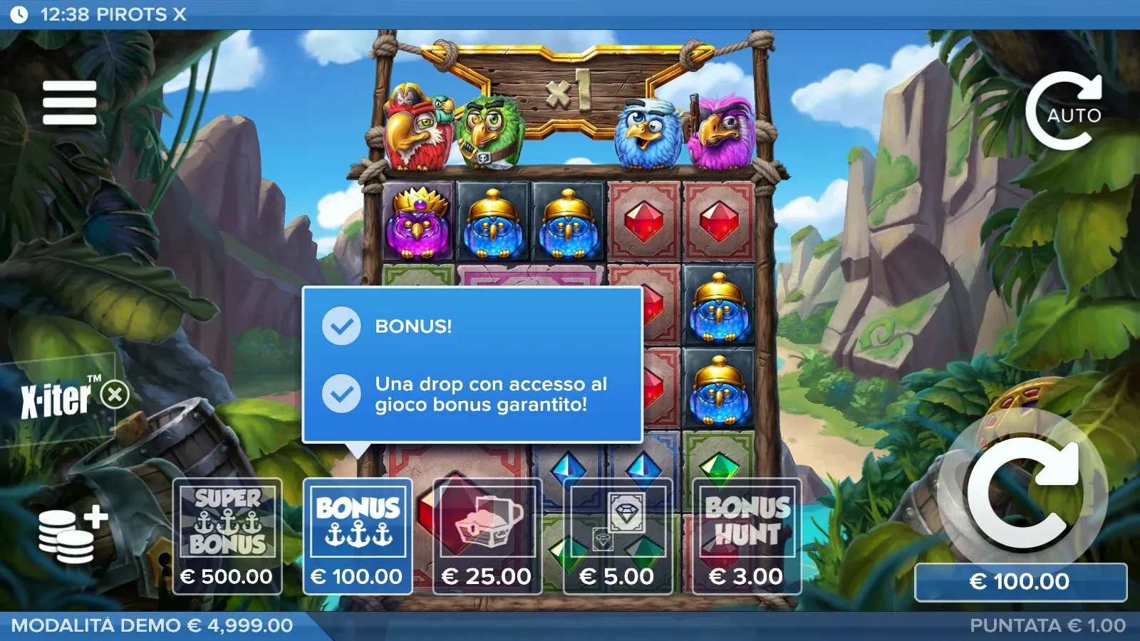 Menu X-iter di Pirots X: Super Bonus 500 €, Bonus 100 €, Rilascio funzioni 25 €, Simbolo grande 5 €, Bonus Hunt 3 €
